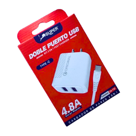 CARGADOR TIPO C DOBLE PUERTO / RED